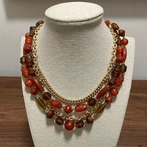 Vintage Multi-strand Gold tone Necklace with Orange and Brown Glass Beads.